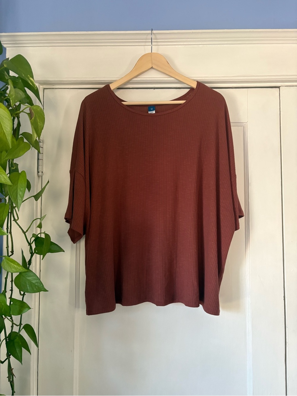 Boxy Ribbed Short Dolman Sleeve Tee - Rust